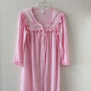 Vintage Beth Michaels Pink Embroidered Floral Nylon Robe Ruffles Small
